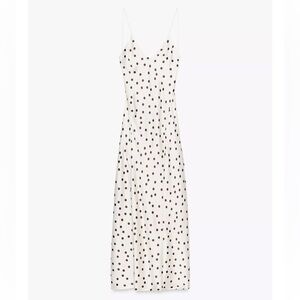 Zara Satin Polka Dot Midi Dress in Ecru and Brown